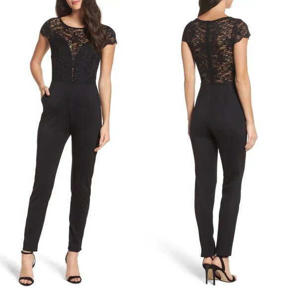 Fraiche By J Pants - NWT Fraiche By J Crepe & Lace Short Sleeve Jumpsuit Black Small